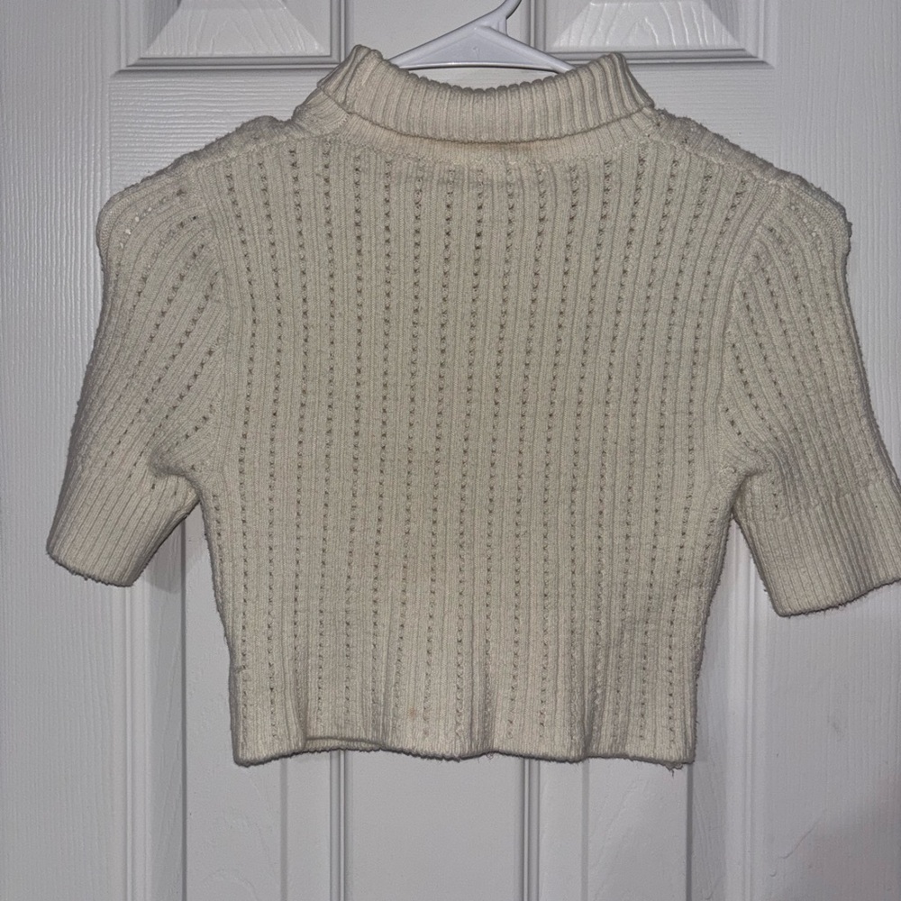 Free People Cream Ribbed Short-Sleeve Cropped Top - Picture 3 of 4